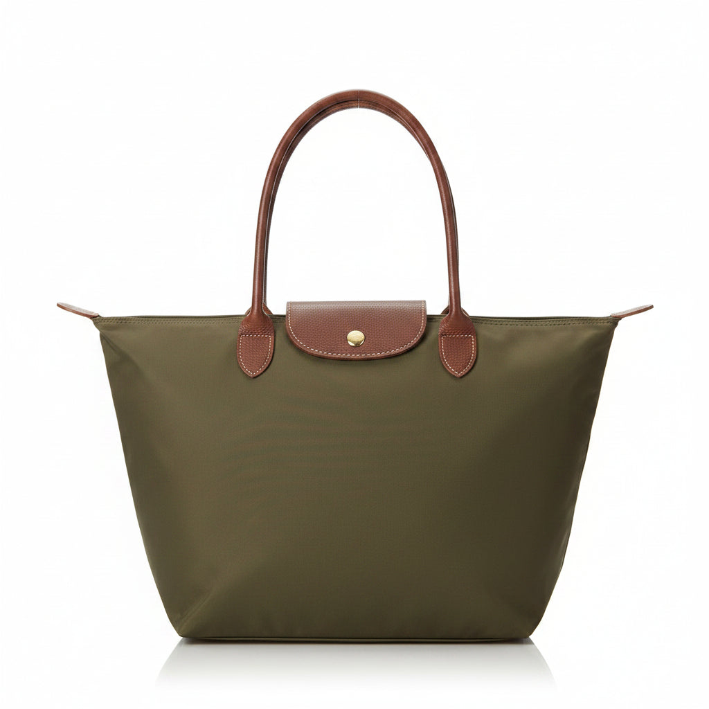 Classic structured tote bag in navy with contrast handles, shown in multiple colours