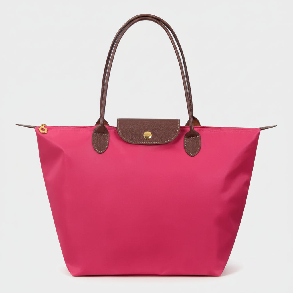 Classic structured tote bag in navy with contrast handles, shown in multiple colours