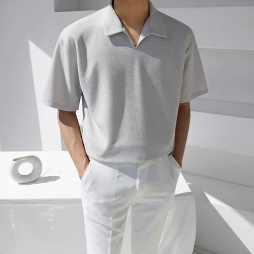 Men's light grey relaxed oversize polo shirt with a partial button collar