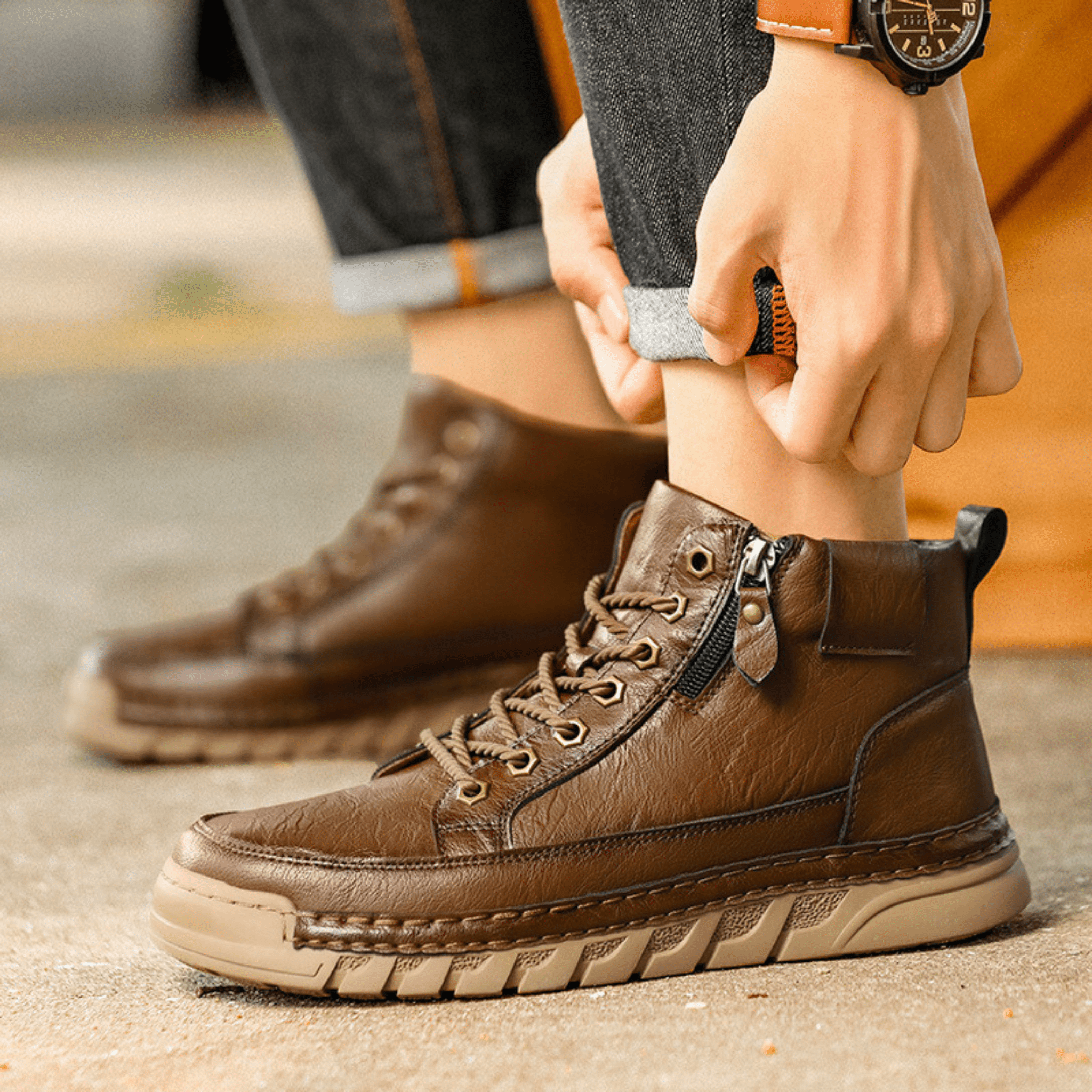 Men's signature polished boots in brown and black with a clean, classic silhouette