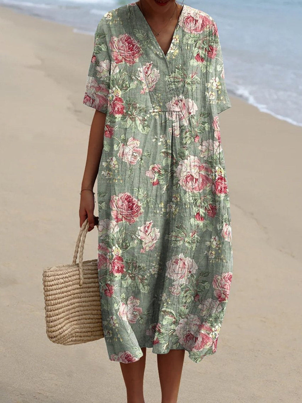 Relaxed vintage floral print dress with soft V-neckline and short sleeves shown in multiple print styles