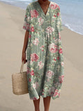 Relaxed vintage floral print dress with soft V-neckline and short sleeves shown in multiple print styles