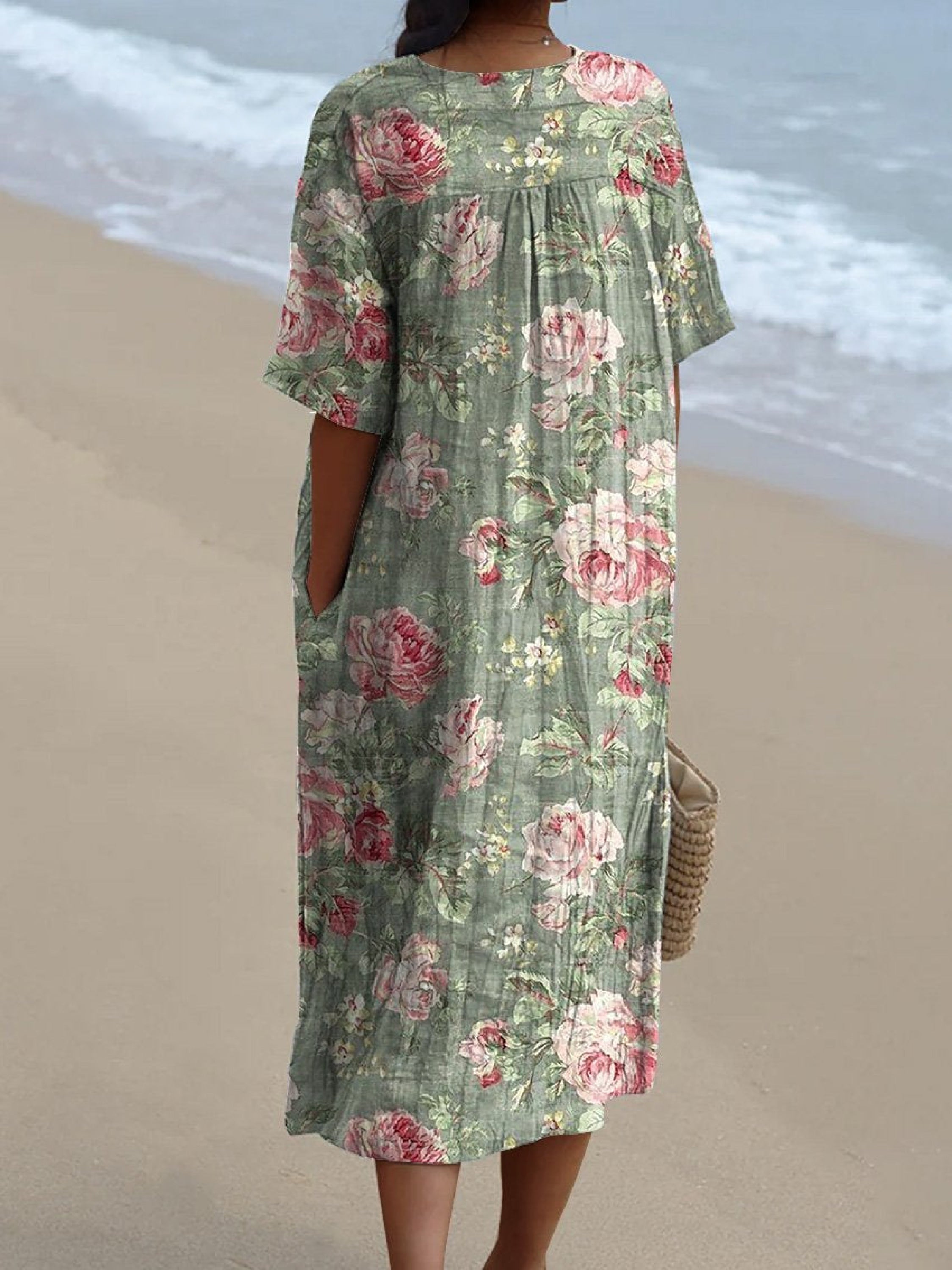 Relaxed vintage floral print dress with soft V-neckline and short sleeves shown in multiple print styles