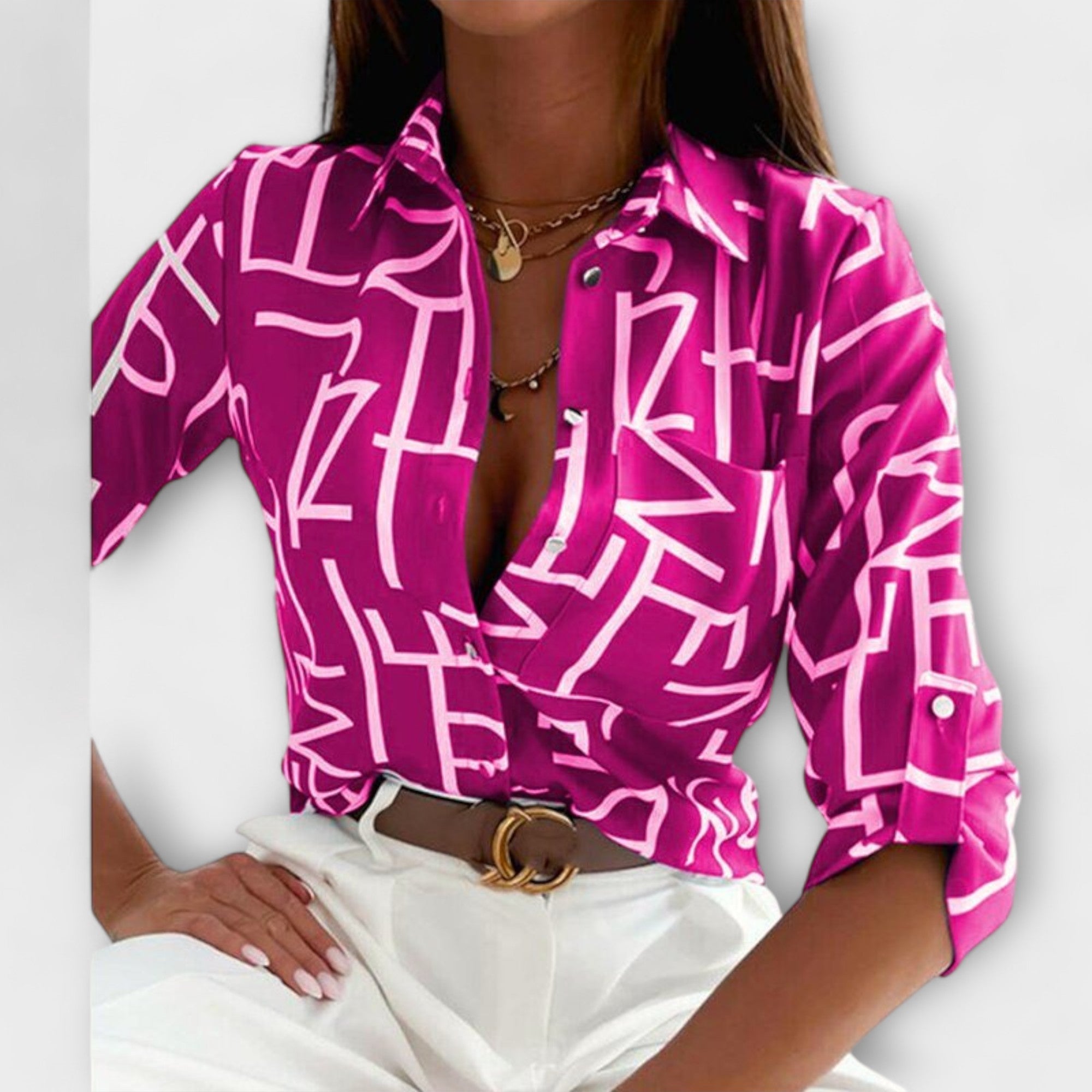 Women's classic collar blouse in a blue letter print