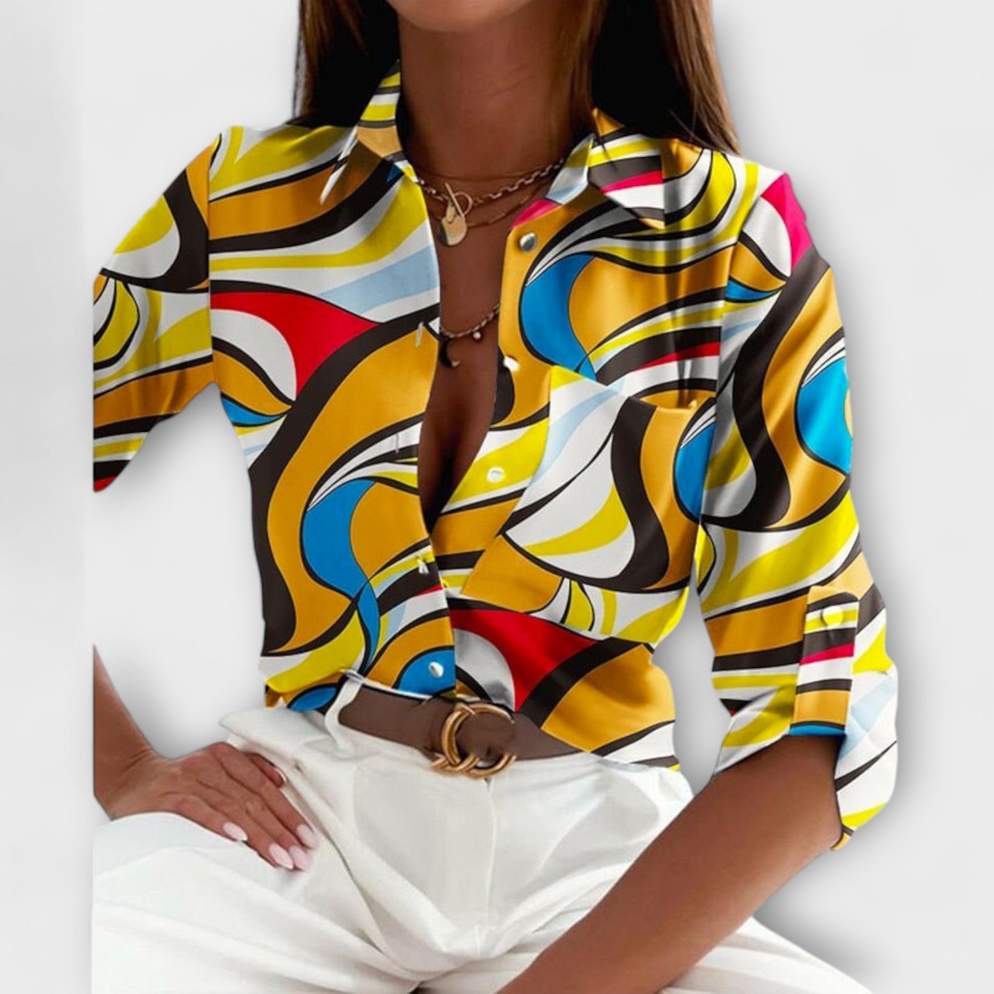 Women's classic collar blouse in a blue letter print
