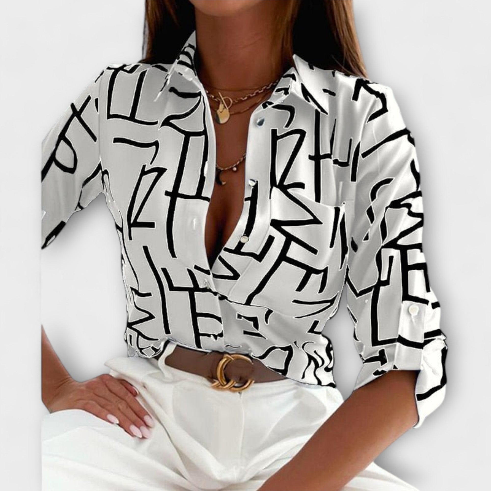 Women's classic collar blouse in a blue letter print