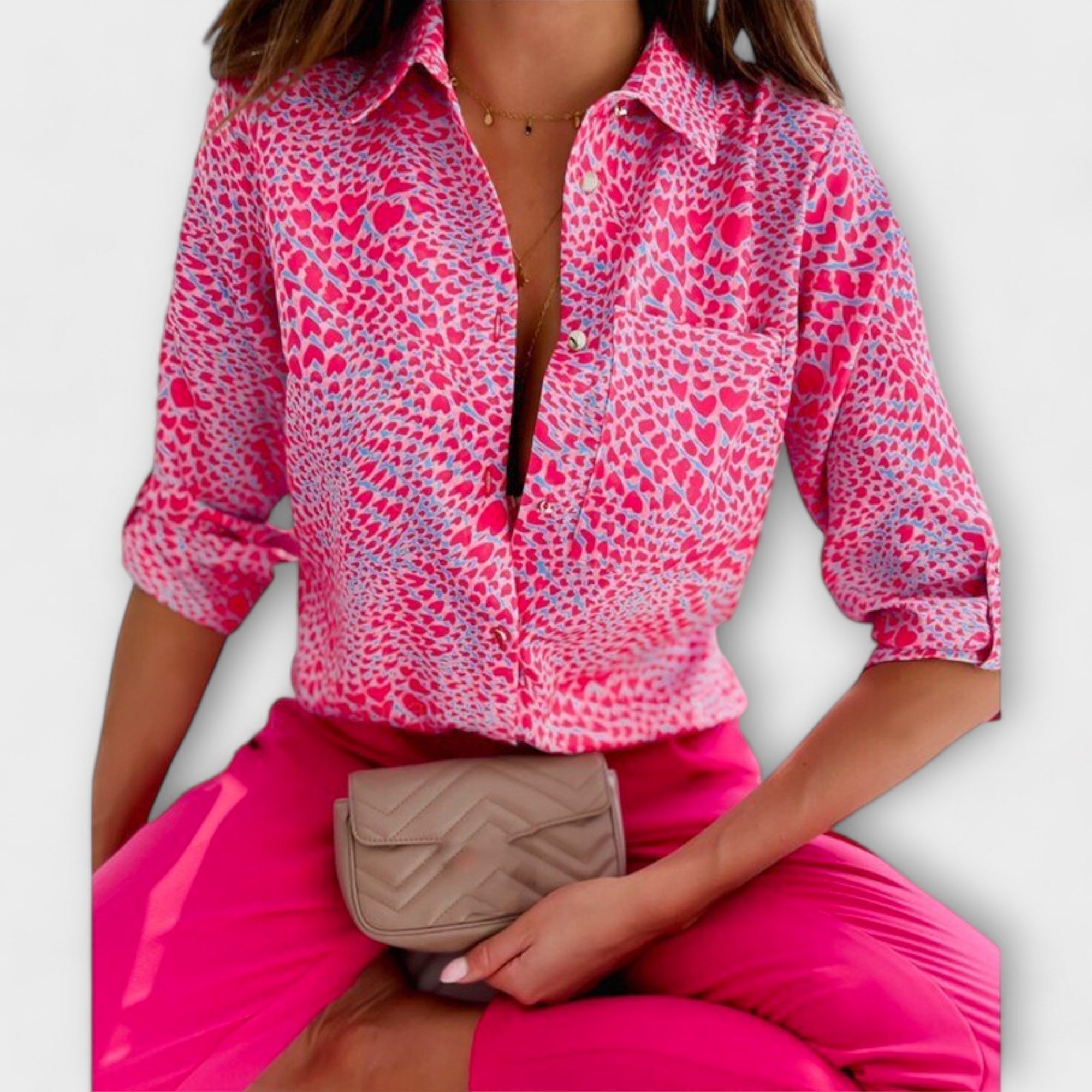 Women's classic collar blouse in a blue letter print
