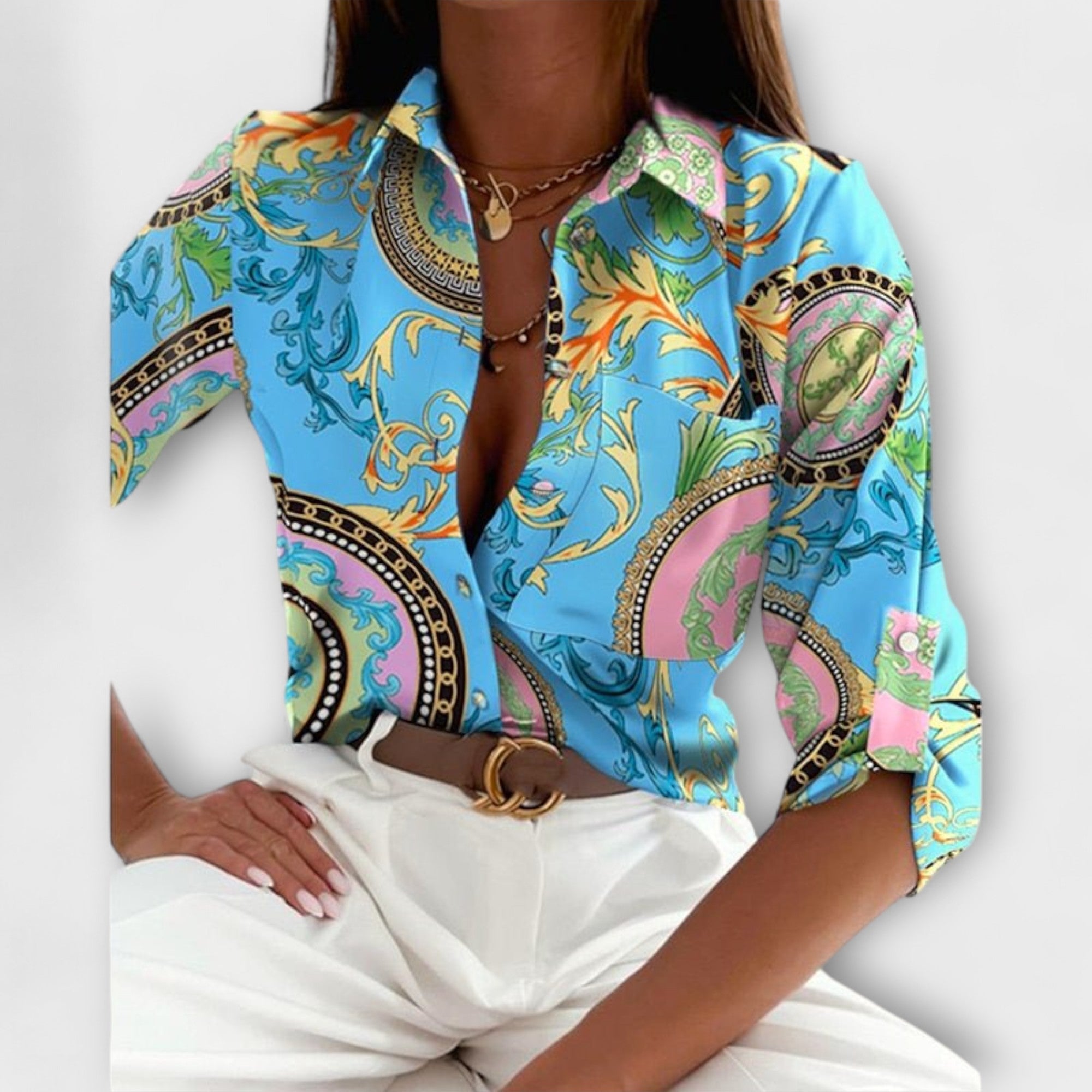 Women's classic collar blouse in a blue letter print
