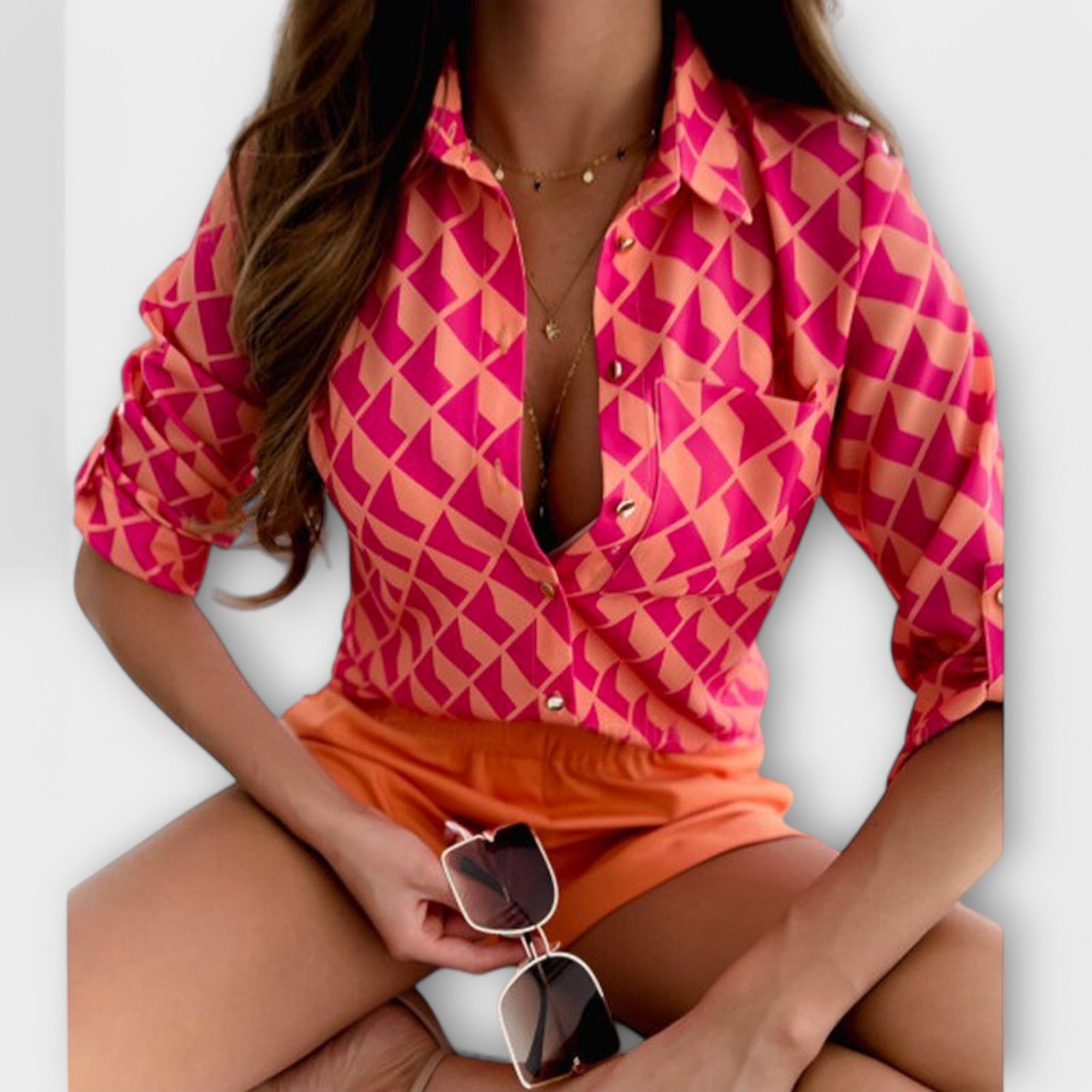 Women's classic collar blouse in a blue letter print