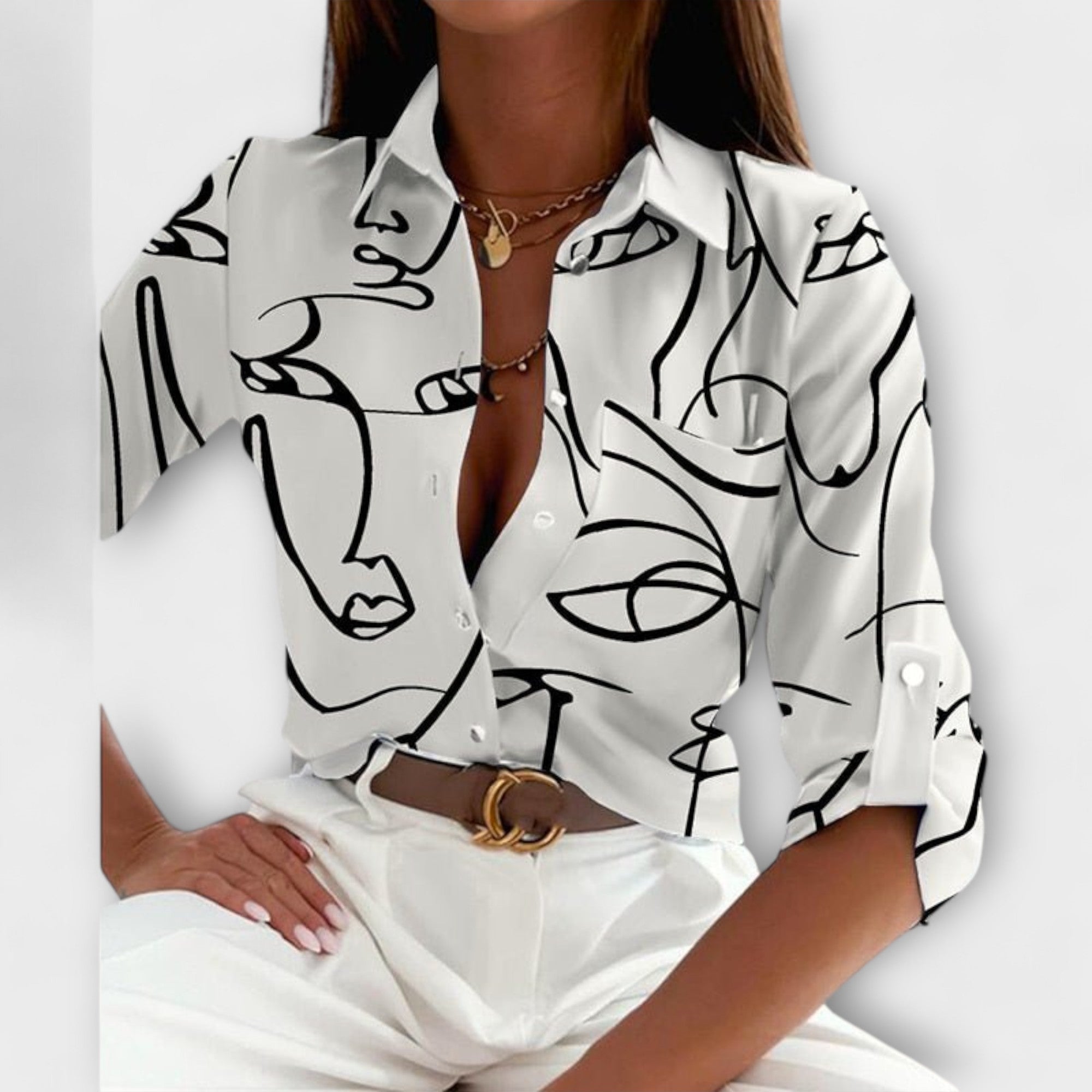 Women's classic collar blouse in a blue letter print