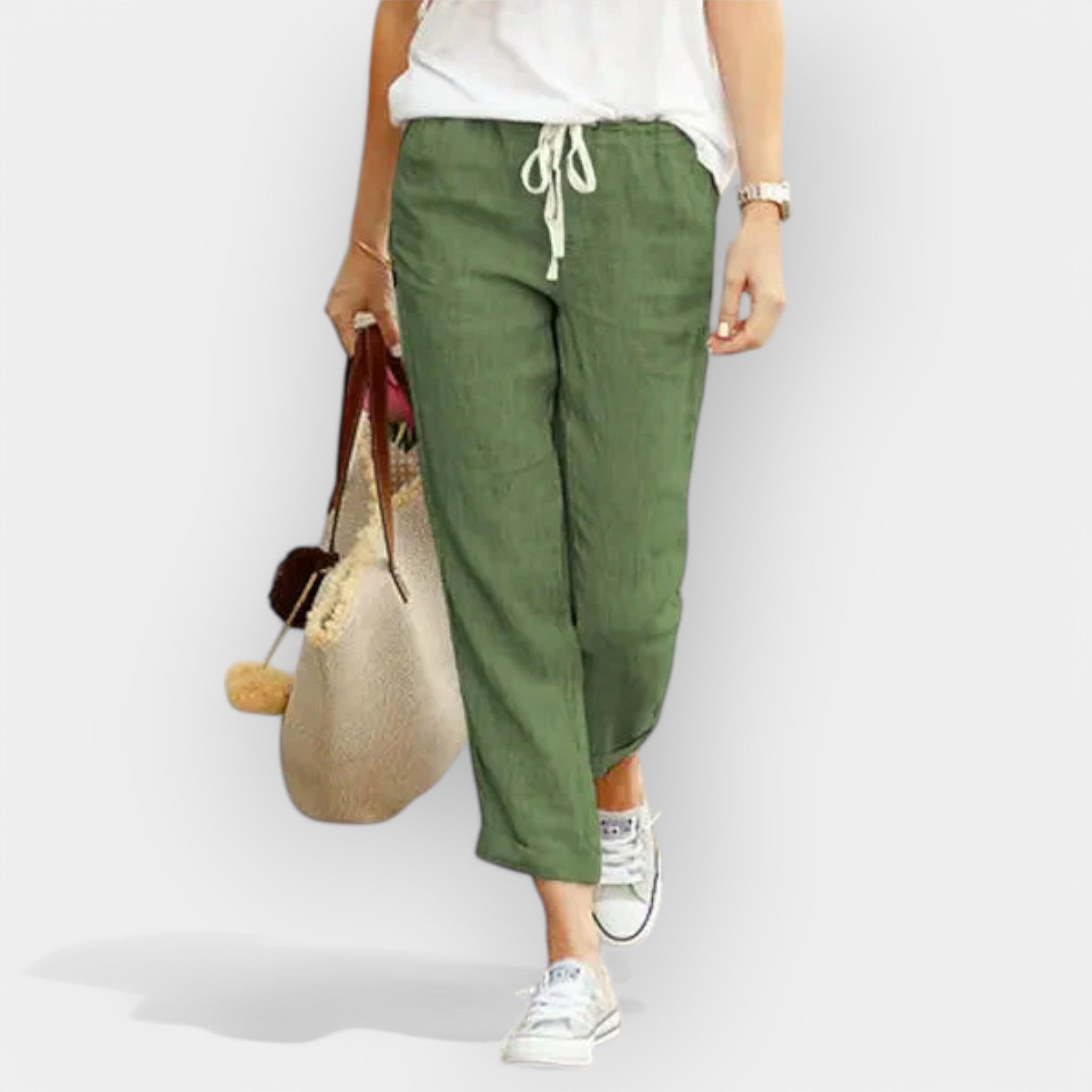 Women's wide-leg drawstring trousers in beige with a relaxed flowing silhouette